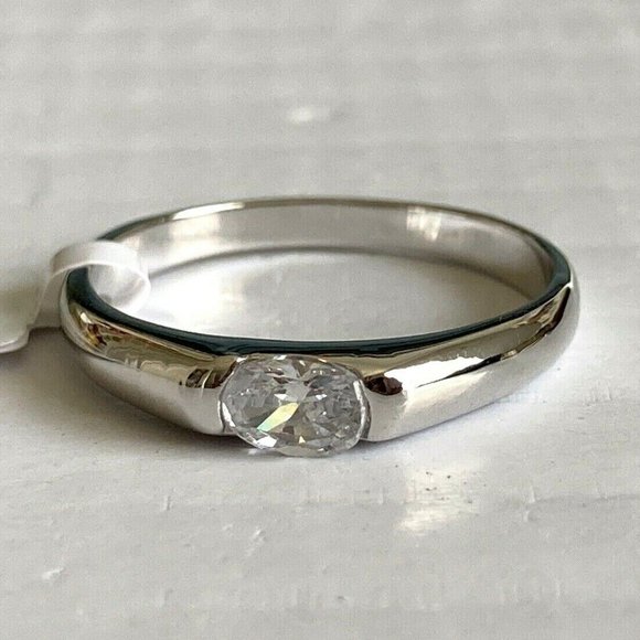 Silver Bezel Set Engagement Ring Size 9 Promise Dainty Cubic Zirconia Plated - Picture 1 of 7
